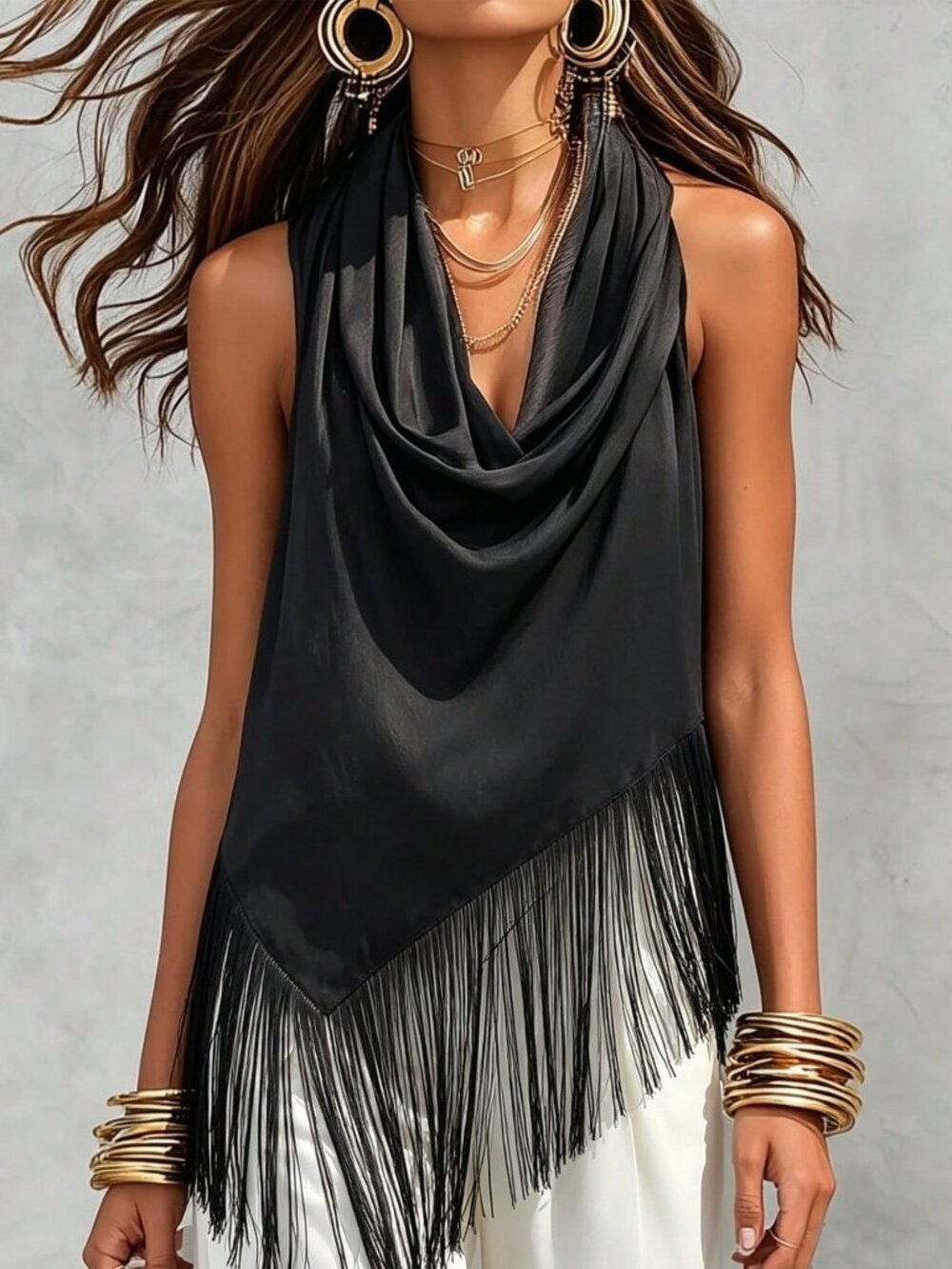 Black Casual Women's Asymmetric Plunging Neck Fringe Sleeveless Top